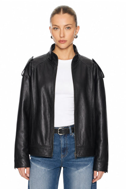 Sunzel Womens Faux Leather Jacket Black Zip Up Moto Coat Pockets, Long Sleeve Stand Collar Relaxed Short Fall Streetwear Outerwear