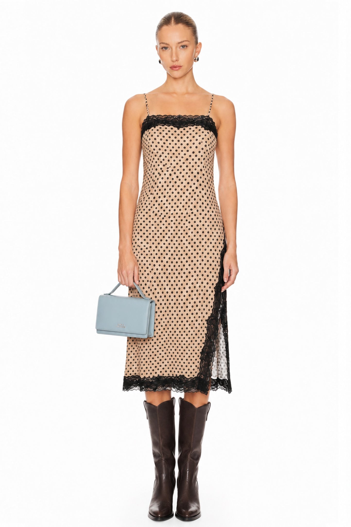 Sunzel Womens Polka Dot Slip Dress Lace Trim Spaghetti Strap Midi Dress, Side Slit Summer Going Out Party Vacation Dress