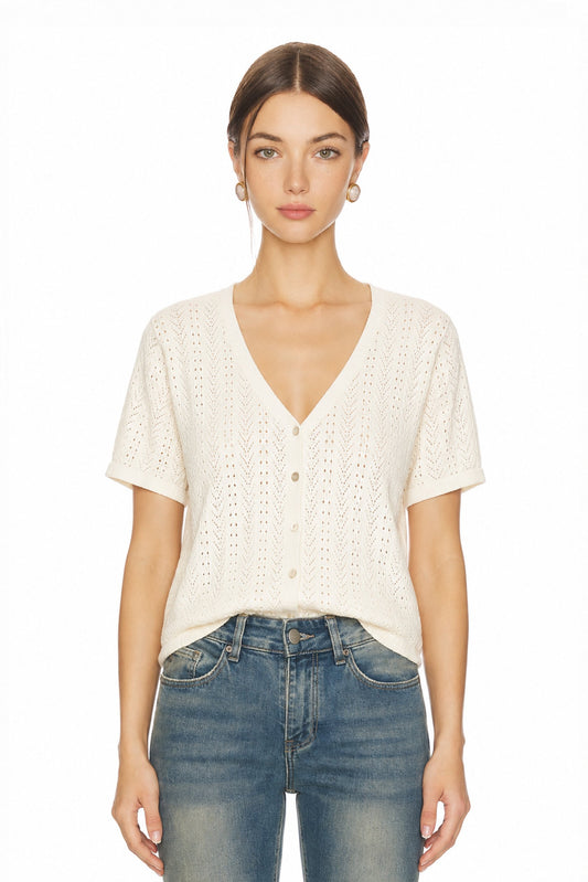 Sunzel Womens Short Sleeve Knit Cardigan Openwork Button Down Summer Sweater Top Lightweight V Neck