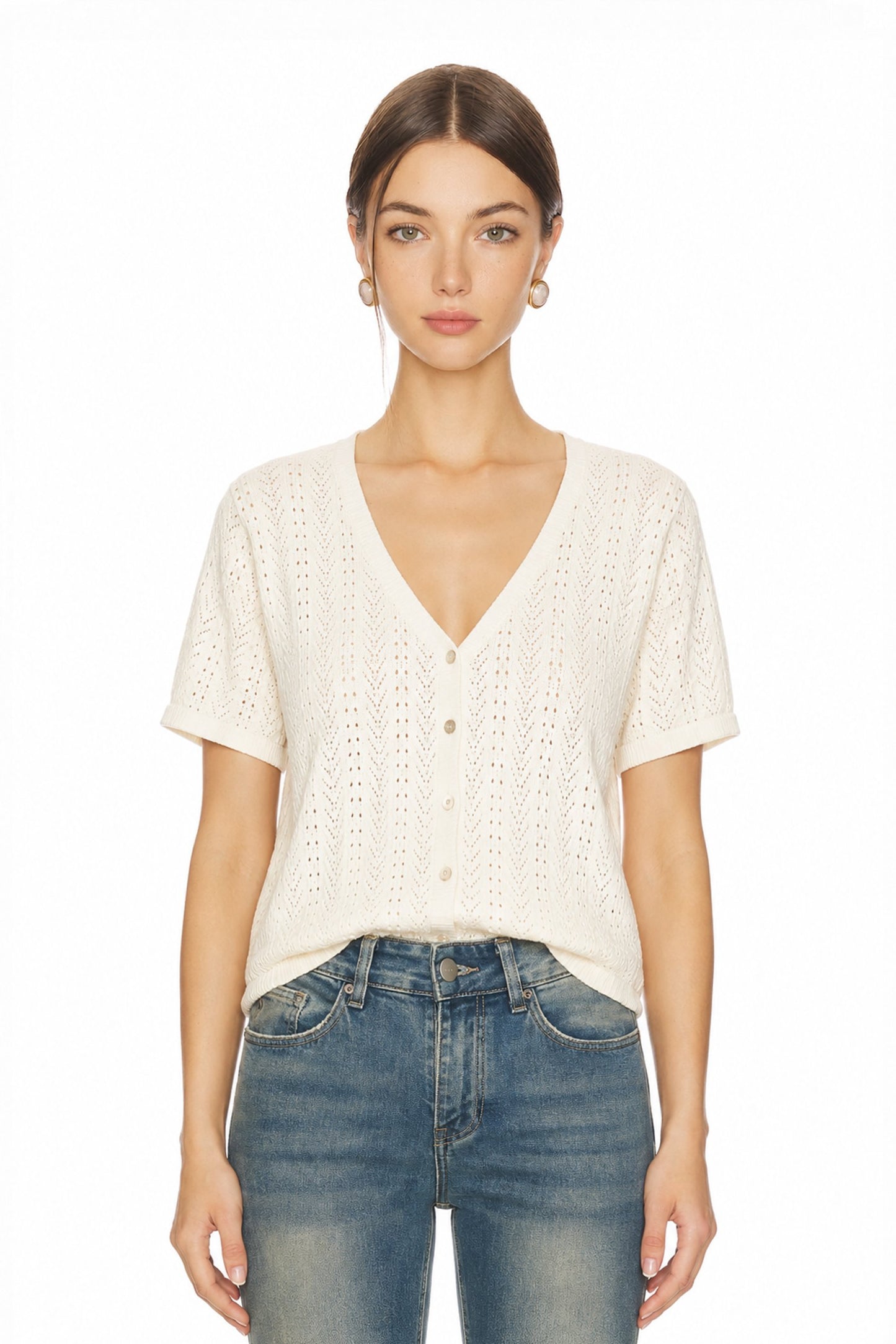 Sunzel Womens Short Sleeve Knit Cardigan Openwork Button Down Summer Sweater Top Lightweight V Neck
