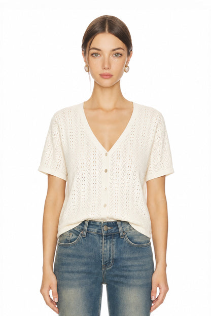 Sunzel Womens Short Sleeve Knit Cardigan Openwork Button Down Summer Sweater Top Lightweight V Neck