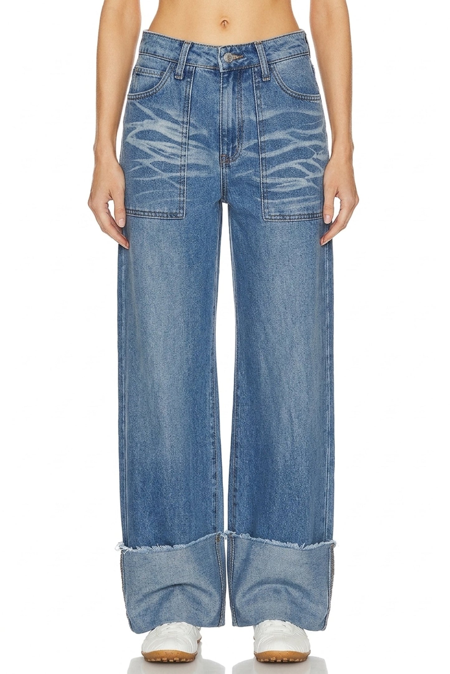 Sunzel Womens High Rise Wide Leg Jeans Cuffed Hem Washed Denim Pants with Patch Pockets