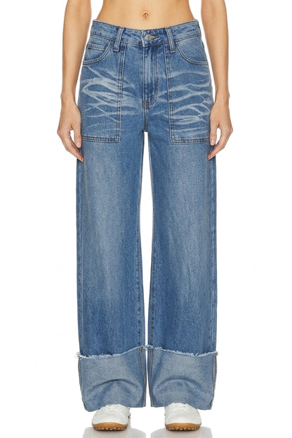 Sunzel Womens High Rise Wide Leg Jeans Cuffed Hem Washed Denim Pants with Patch Pockets