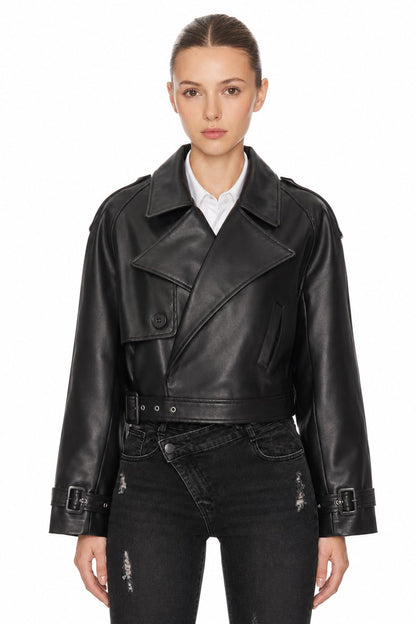 Sunzel Womens Faux Leather Moto Jacket Cropped Asymmetric Zip Biker Coat, Black Belted Biker Jacket with Buckle Cuffs Pockets