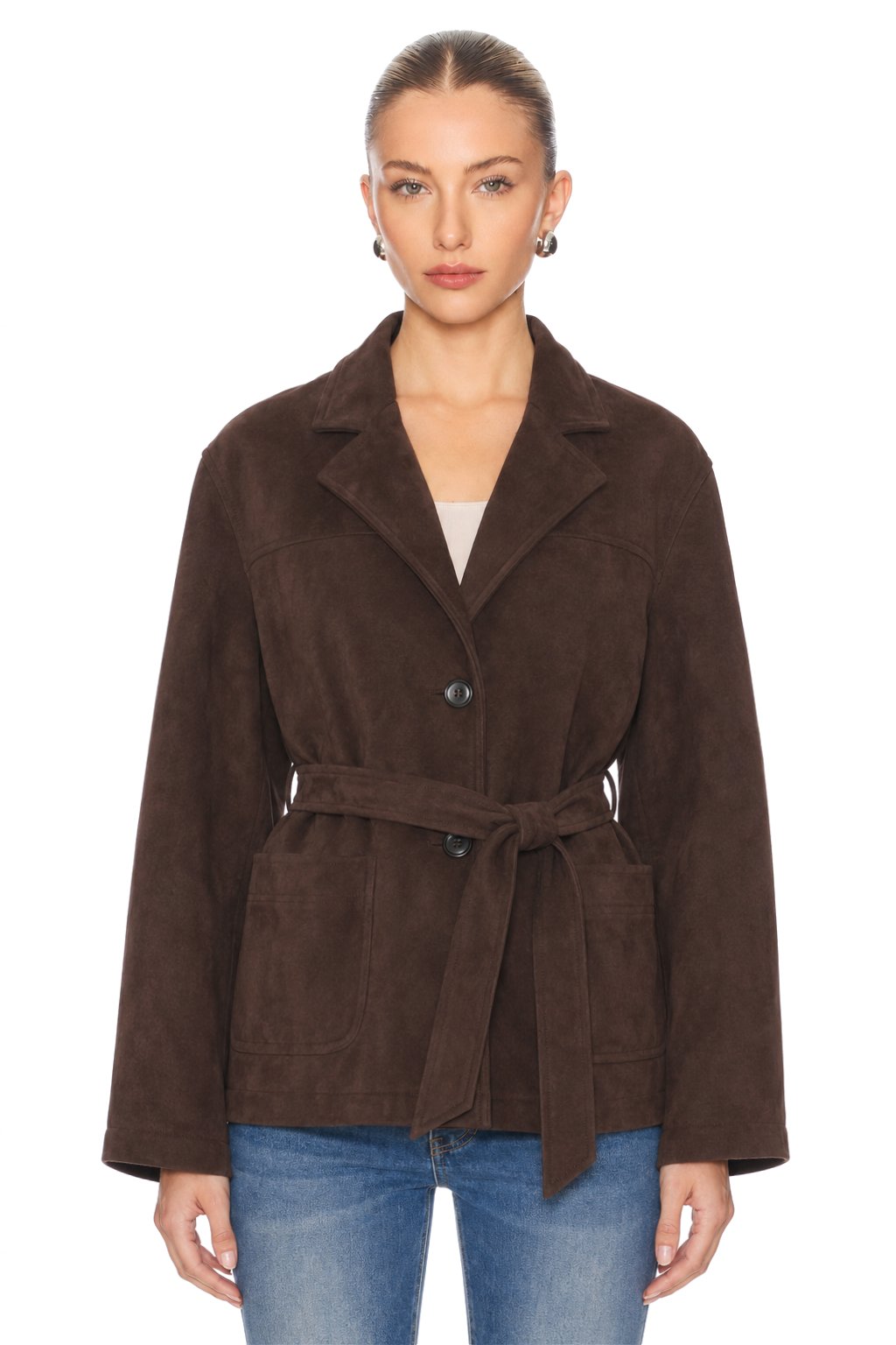 Sunzel Womens Brown Suede Look Short Trench Coat Belted Lapel Button Front Fall Jacket with Pockets