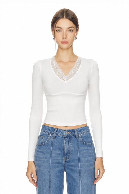 Sunzel Womens Lace Trim V Neck Long Sleeve Top Fitted Crop Shirt Going Out Dressy Casual Knit Tee