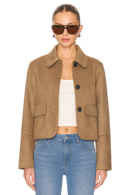 Sunzel Womens Faux Suede Jacket Cropped Button Front Fall Coat, Camel Lapel Short Dressy Casual Outerwear with Flap Pockets