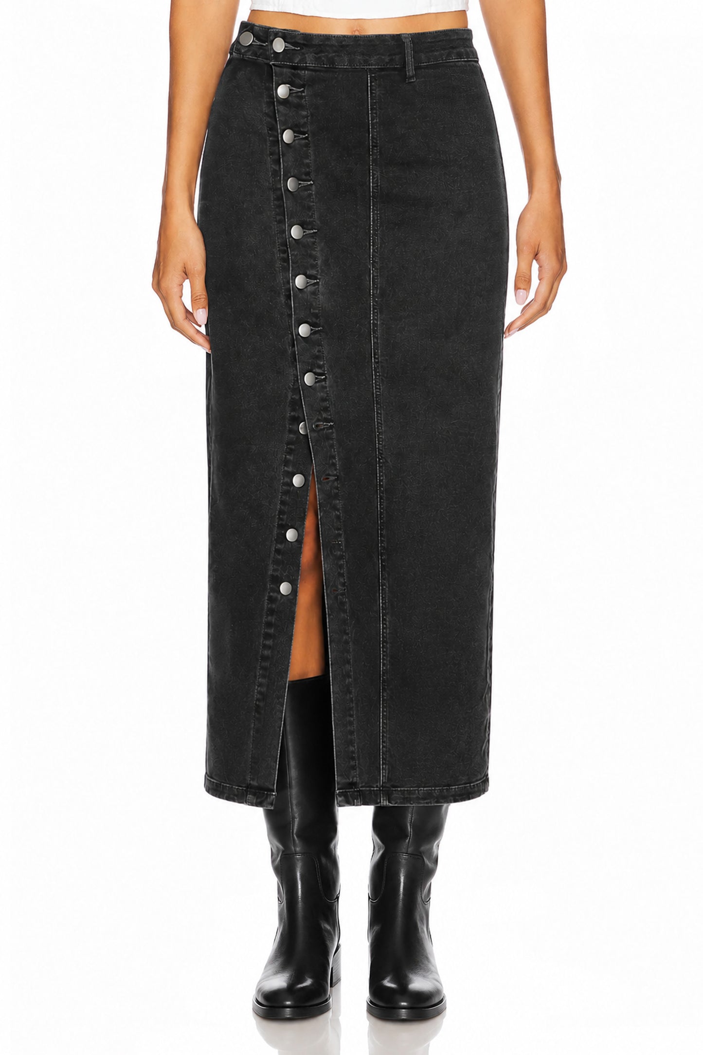 Sunzel Women's High Waisted Denim Maxi Skirt Button Front Side Slit Jean Skirt, Black Washed Fitted Long Denim Pencil Skirt for Fall Going Out