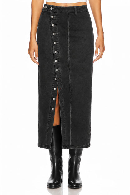 Sunzel Women's High Waisted Denim Maxi Skirt Button Front Side Slit Jean Skirt, Black Washed Fitted Long Denim Pencil Skirt for Fall Going Out