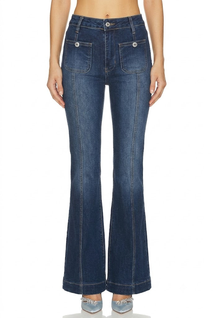 Sunzel Womens Contrast Stitch Flare Jeans High Waisted Denim Pants, Dark Wash Bootcut Jeans with Front Patch Pockets
