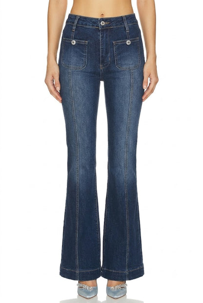 Sunzel Womens Contrast Stitch Flare Jeans High Waisted Denim Pants, Dark Wash Bootcut Jeans with Front Patch Pockets