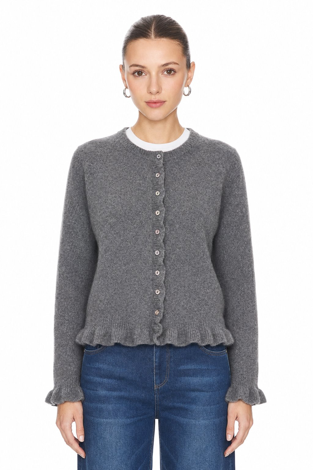 Sunzel Womens Knit Cardigan Round Neck Button Down Sweater, Ruffle Hem Long Sleeve Cropped Casual Fall Winter Layering Top