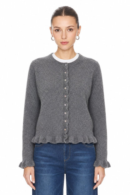 Sunzel Womens Knit Cardigan Round Neck Button Down Sweater, Ruffle Hem Long Sleeve Cropped Casual Fall Winter Layering Top