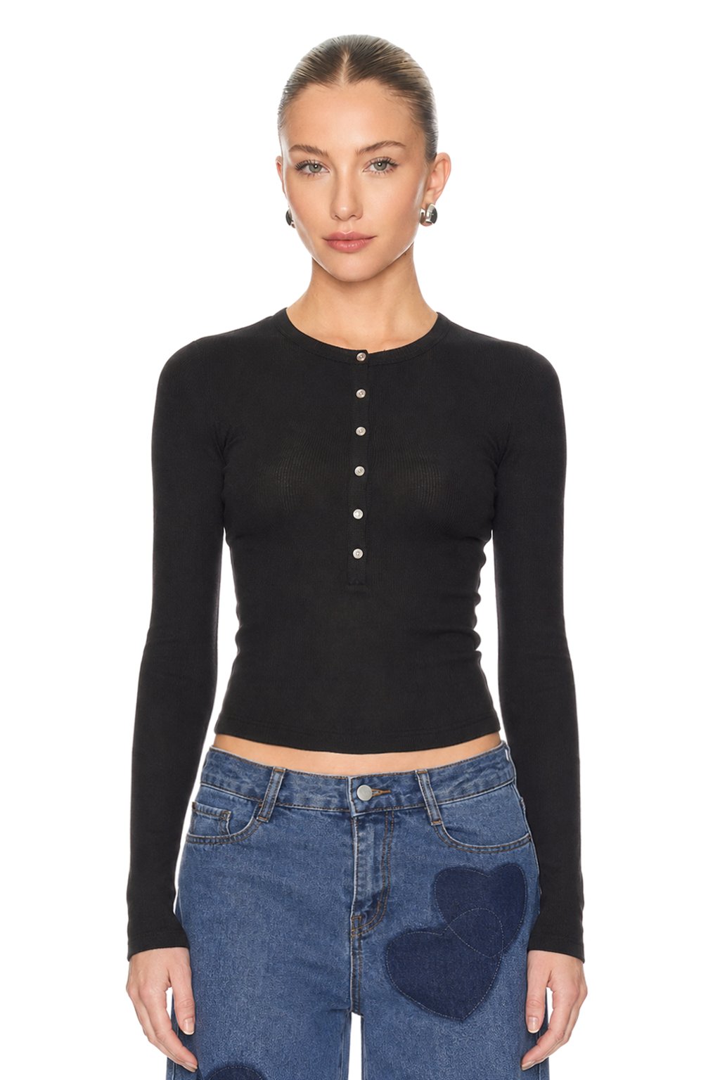 Sunzel Womens Henley Long Sleeve Crop Top Button Front Ribbed Fitted Shirt Black Basic Tee Spring Summer Going Out Top