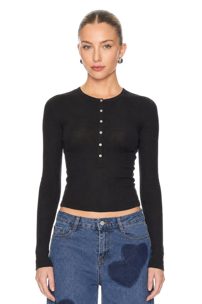 Sunzel Womens Henley Long Sleeve Crop Top Button Front Ribbed Fitted Shirt Black Basic Tee Spring Summer Going Out Top