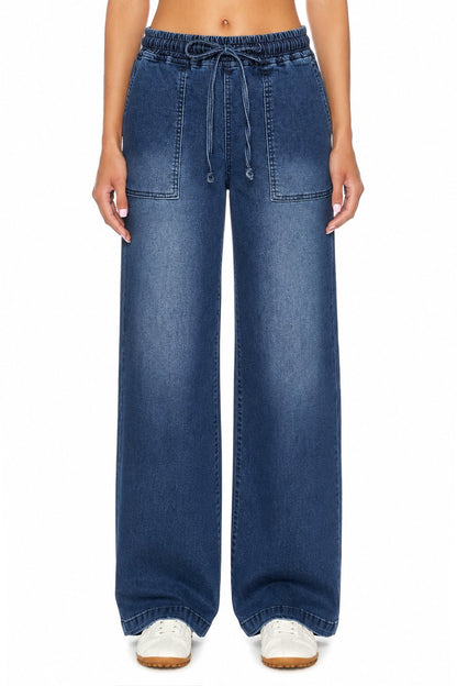 Sunzel Womens Drawstring Wide Leg Jeans Elastic Waist Denim Pants, High Waisted Pull On Baggy Casual Jean Pants with Pockets