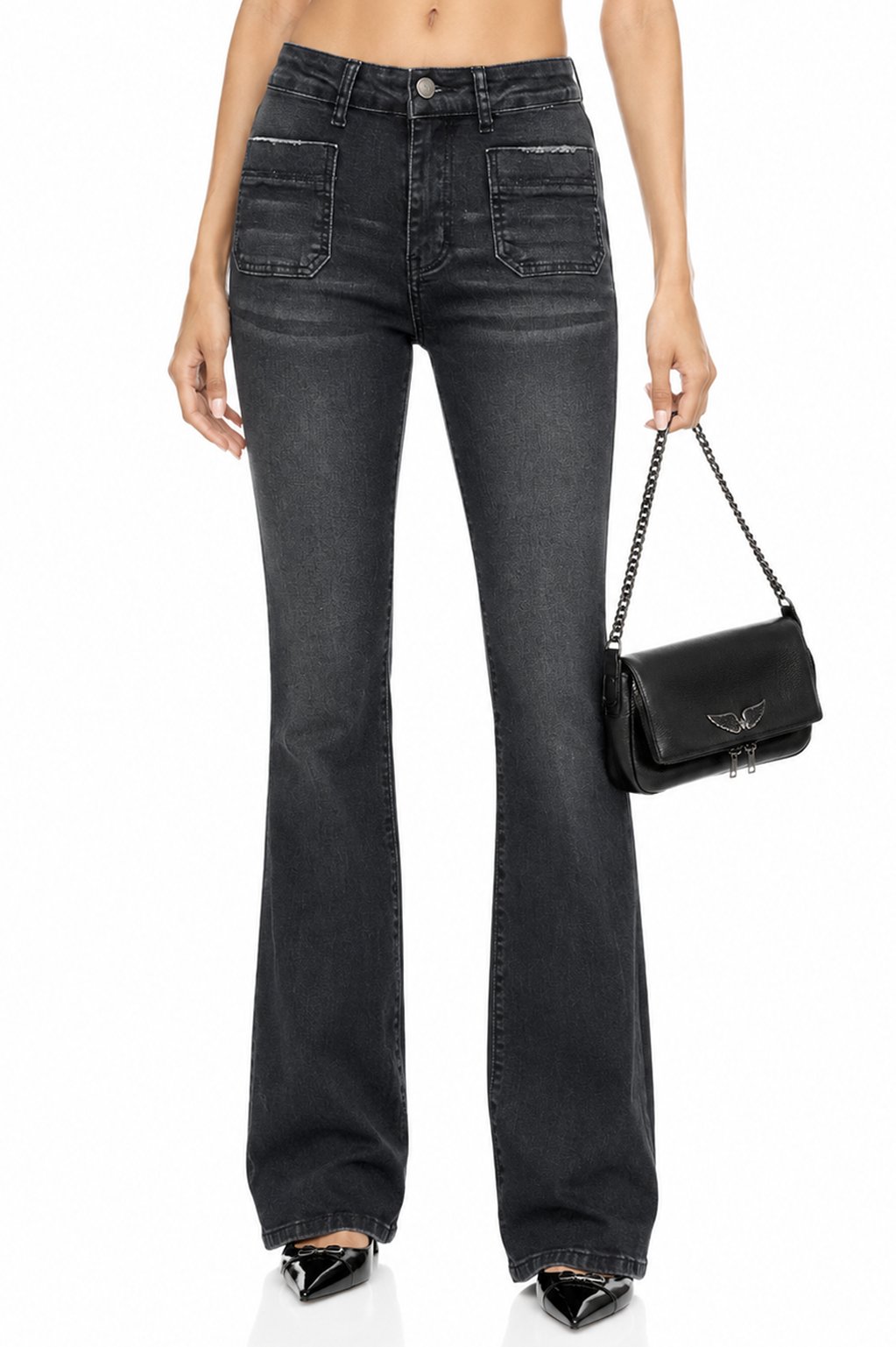 Sunzel Womens Flare Jeans Stretch Denim Pants, Black Washed Bootcut Jeans with Patch Pockets Slim Fit Casual Going Out Pants