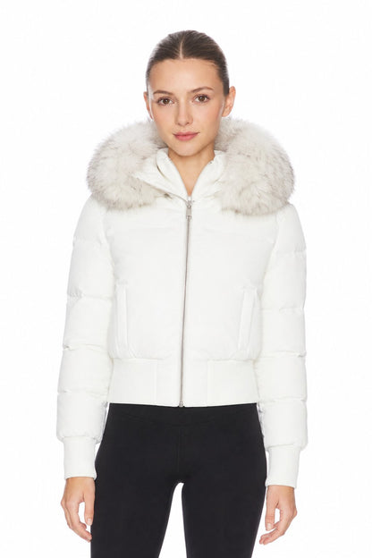 Sunzel Womens Cropped Puffer Jacket Faux Fur Hood Short Winter Coat, White Zip Up Warm Outerwear with Ribbed Cuffs and Pockets