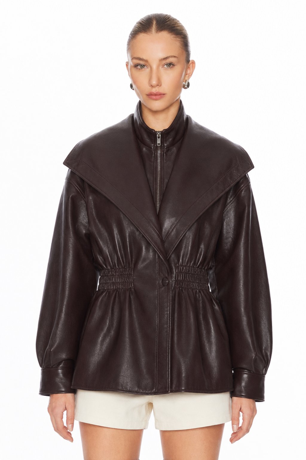 Sunzel Womens Faux Leather Jacket Brown PU Moto Jacket Cinched Waist, Zip Up Oversized Lapel Long Sleeve Fall Streetwear Short Coat