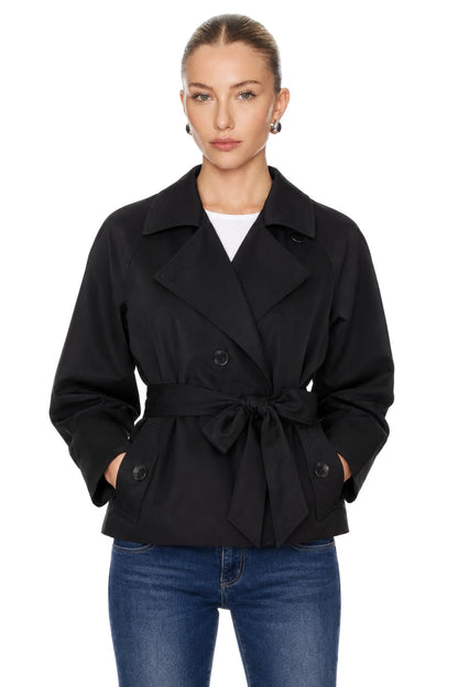 Sunzel Womens Black Short Trench Coat Belted Double Breasted Lapel Fall Jacket with Flap Pockets