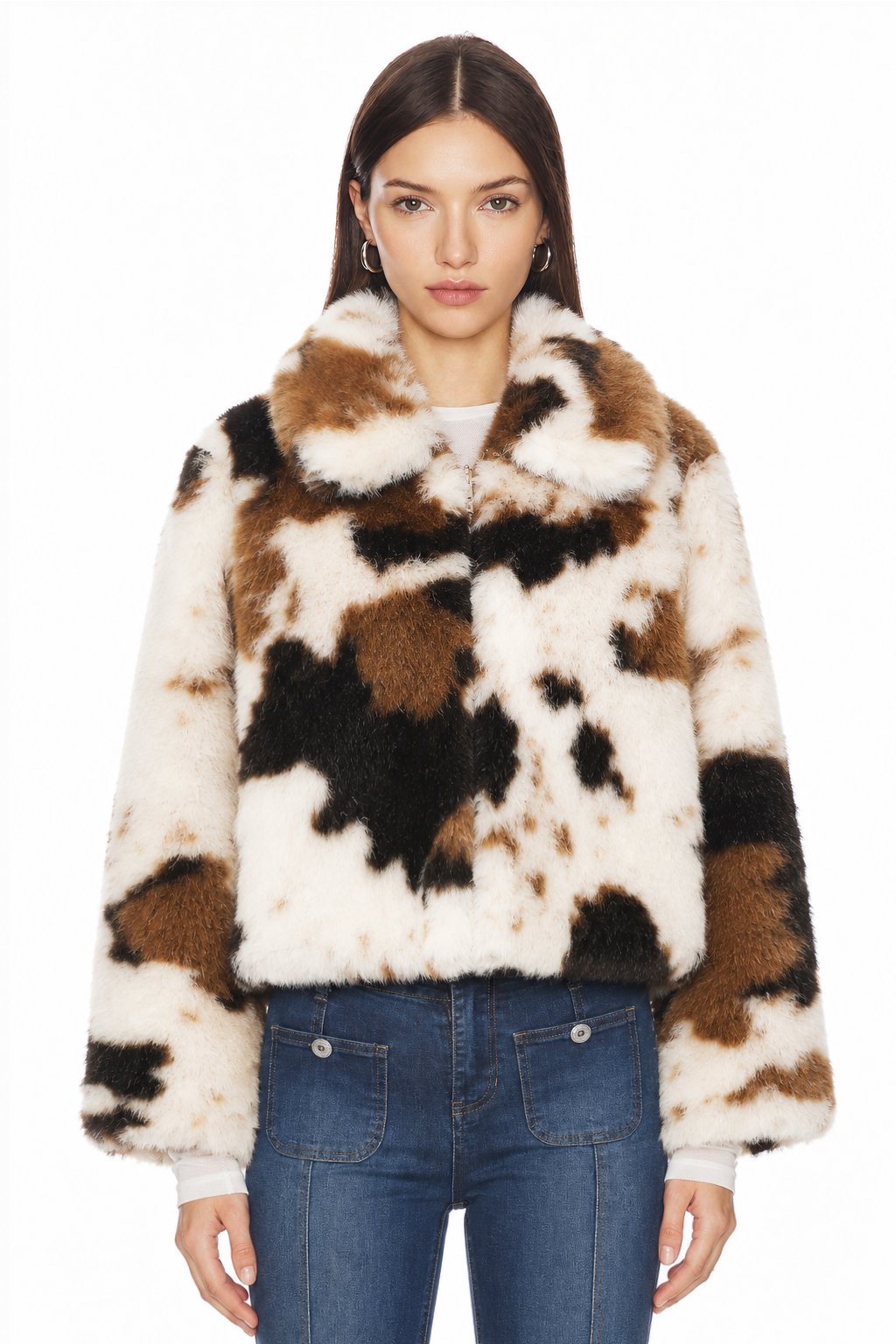 Sunzel Womens Cow Print Faux Fur Cropped Jacket Stand Collar Plush Fall Winter Outerwear