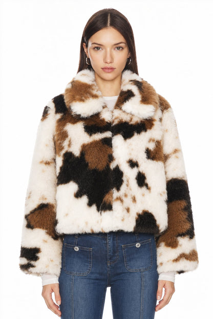 Sunzel Womens Cow Print Faux Fur Cropped Jacket Stand Collar Plush Fall Winter Outerwear