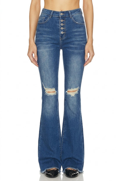 Sunzel Womens High Waisted Flare Jeans Ripped Knee Button Fly Denim Pants Frayed Hem Vintage