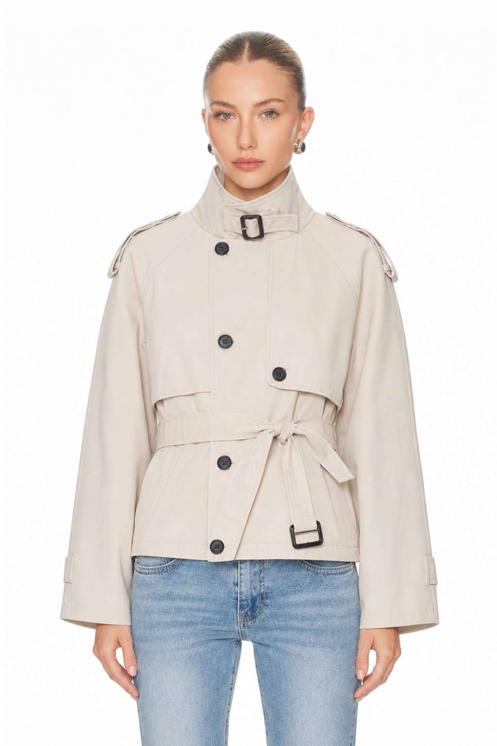 Sunzel Womens Short Trench Coat Beige Belted Stand Collar Button Front Fall Jacket No Pockets