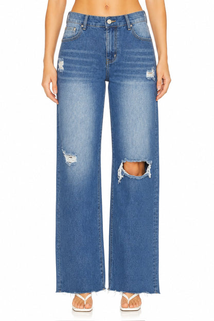 Sunzel Womens Ripped Wide Leg Jeans High Waisted Denim Pants Raw Hem Pocket Smoothing Loose Straight Casual Jeans