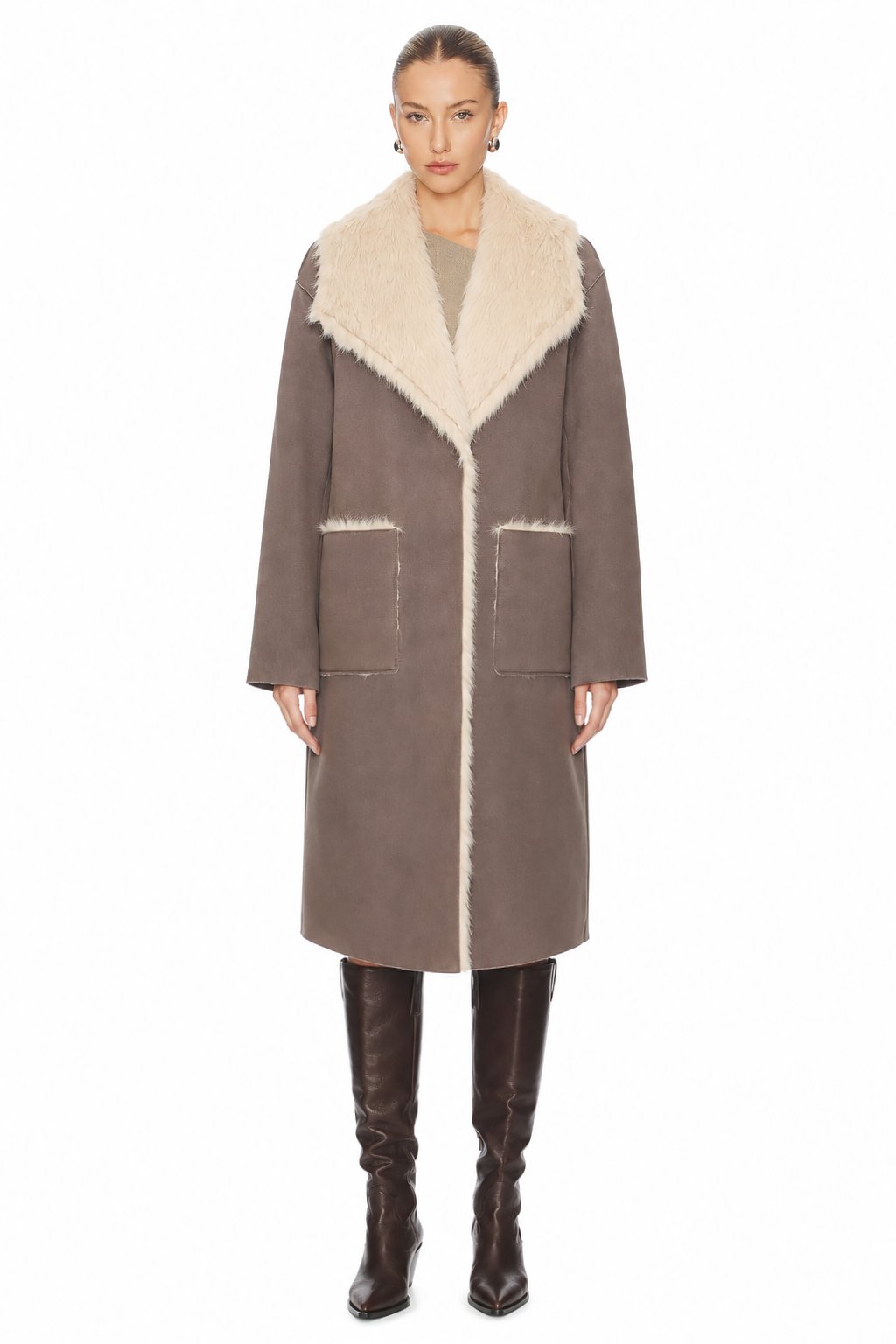 Sunzel Women Reversible Faux Shearling Coat Faux Fur Collar Long Winter Overcoat with Pockets Taupe