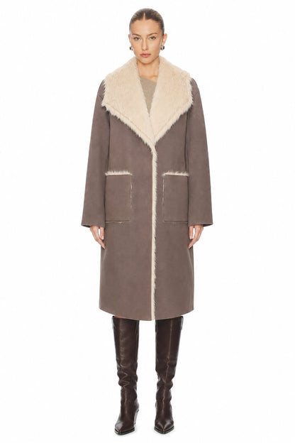 Sunzel Women Reversible Faux Shearling Coat Faux Fur Collar Long Winter Overcoat with Pockets Taupe