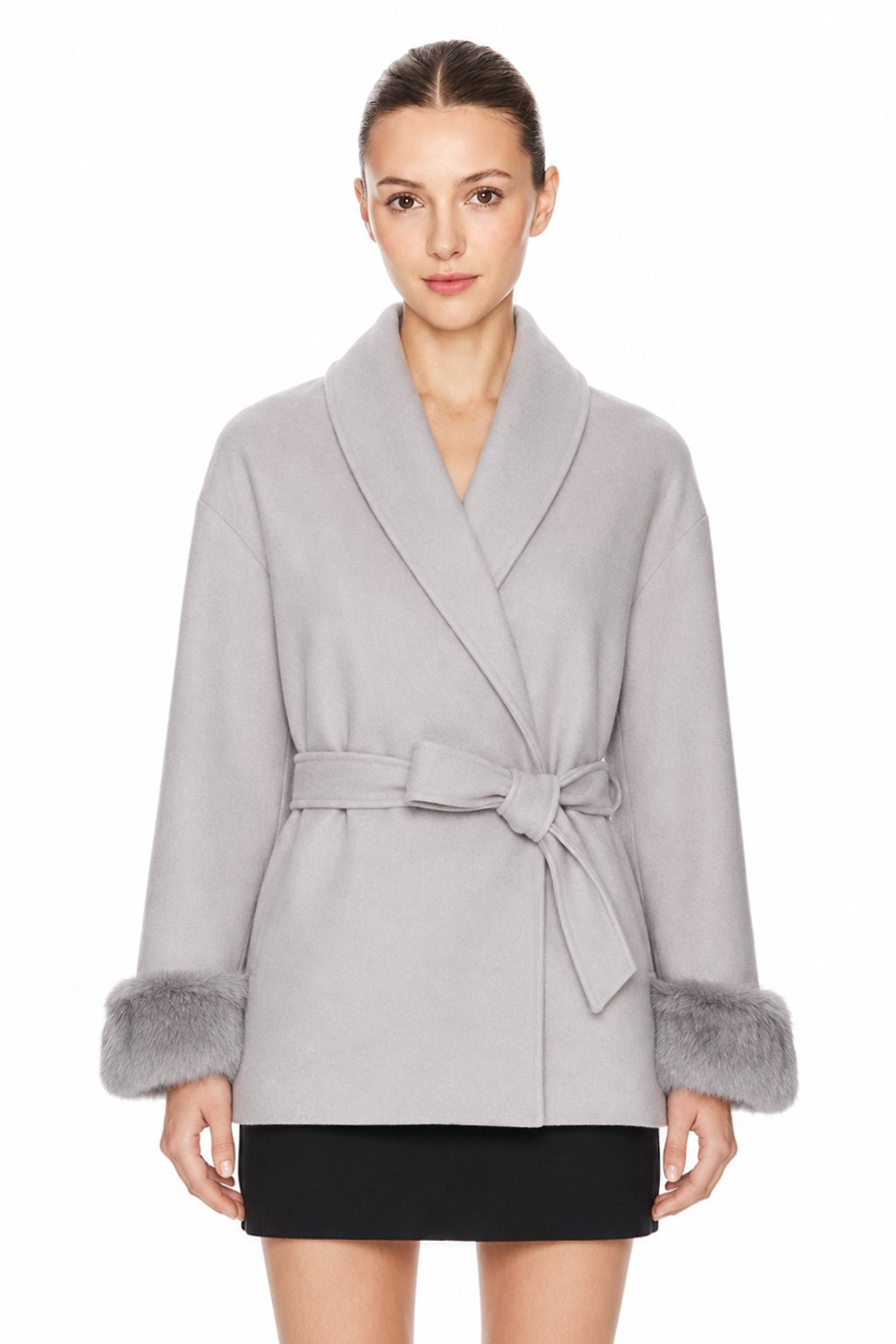 Sunzel Women's Wrap Coat Faux Fur Cuffs Belted Winter Jacket Shawl Collar Wool Touch Open Front Short Dressy Casual Outerwear with Pockets