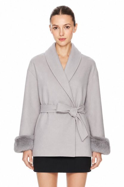 Sunzel Women's Wrap Coat Faux Fur Cuffs Belted Winter Jacket Shawl Collar Wool Touch Open Front Short Dressy Casual Outerwear with Pockets