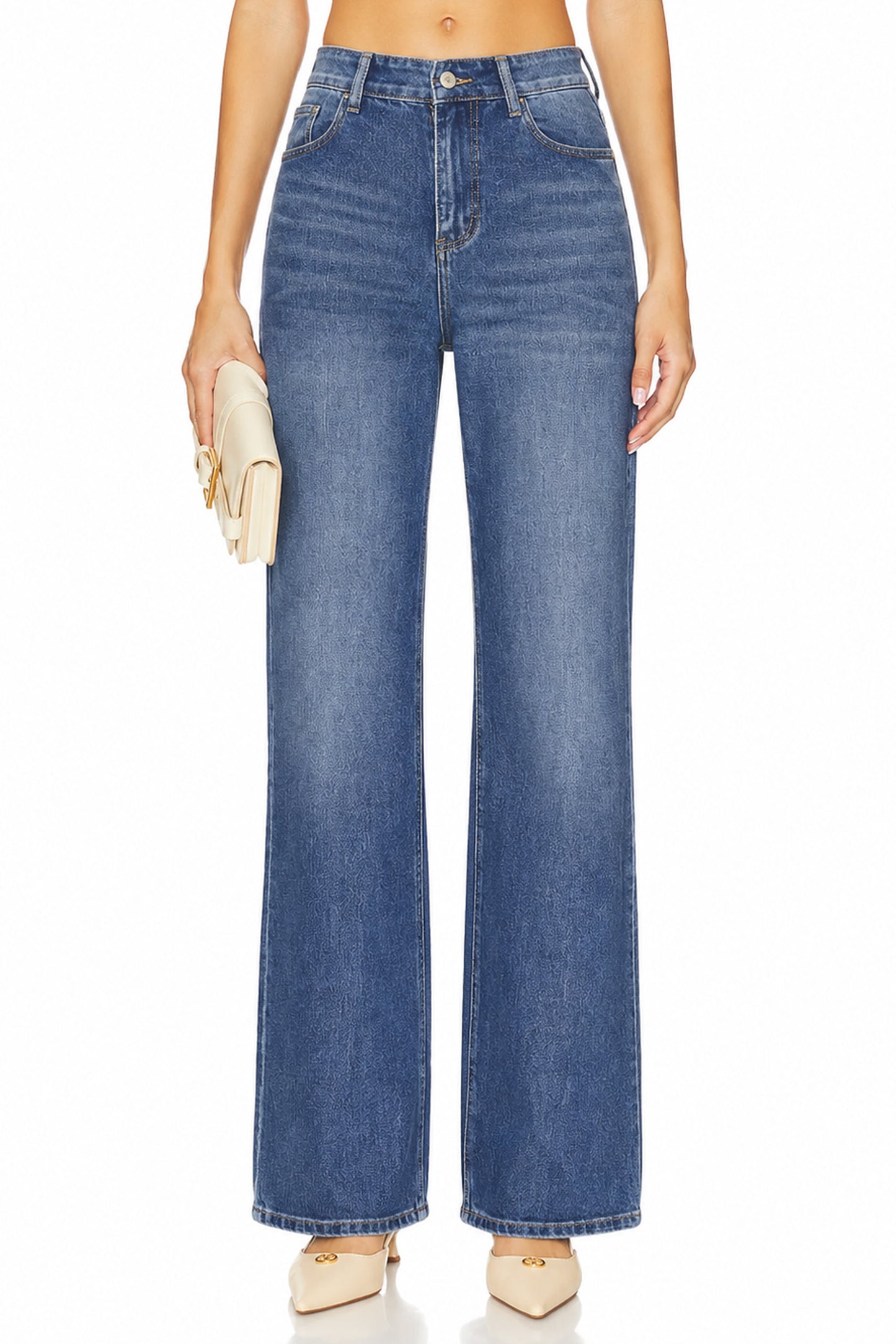 Sunzel Women's Mid Rise Wide Leg Jeans Denim Pants, Clean Wash Loose Straight Leg Jeans with Pockets, Casual Vintage Full Length Jeans