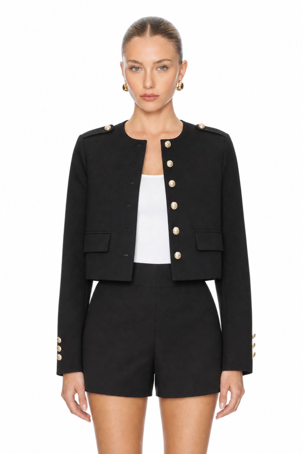 Sunzel Womens Cropped Military Jacket Black Collarless Blazer Gold Button Fall Dress Coat