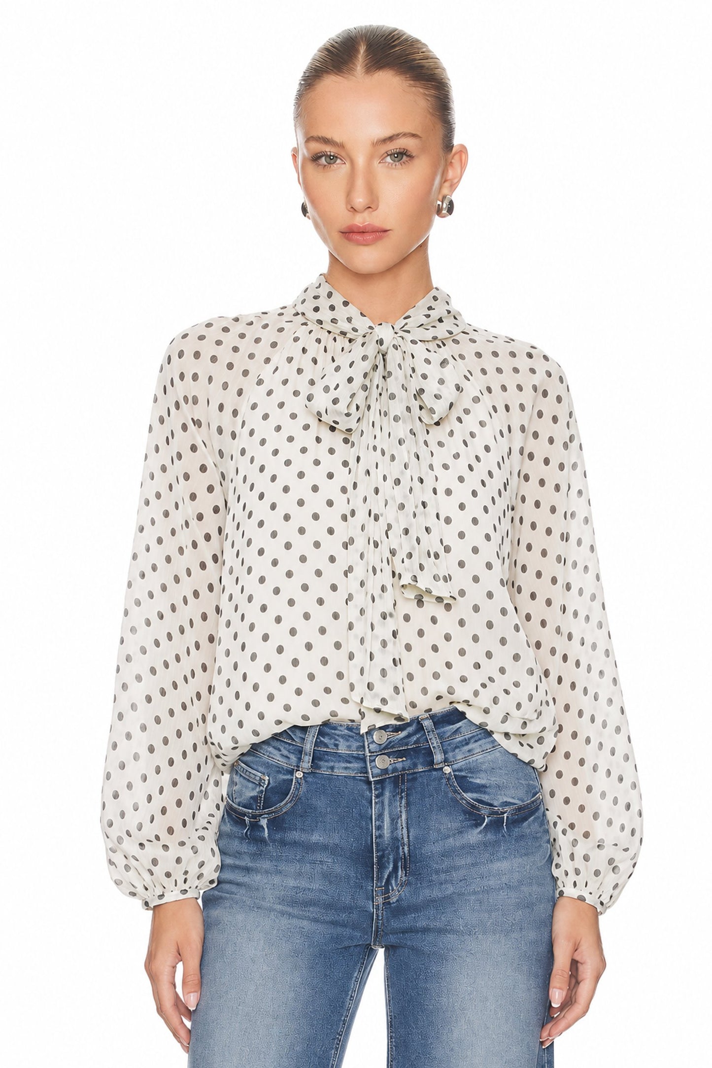 Sunzel Womens Polka Dot Chiffon Blouse Tie Neck Long Sleeve Sheer Dressy Office Top Loose Work Shirt