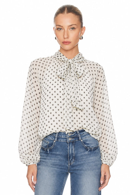 Sunzel Womens Polka Dot Chiffon Blouse Tie Neck Long Sleeve Sheer Dressy Office Top Loose Work Shirt