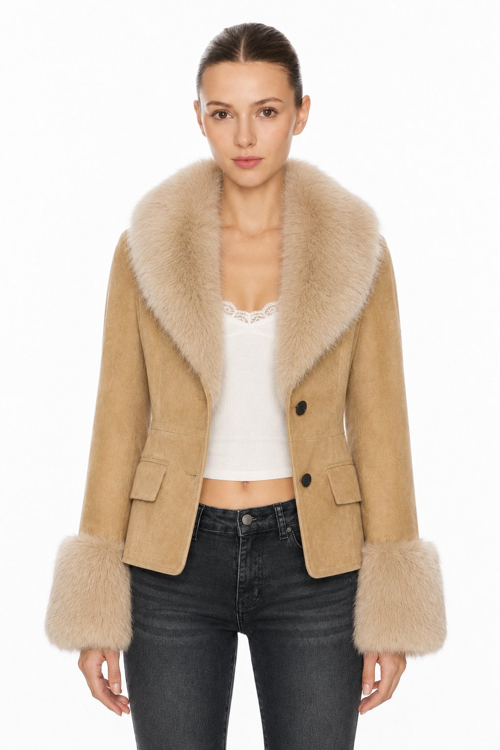 Sunzel Womens Faux Suede Jacket Faux Fur Collar Cuffs Short Coat, Button Front Warm Dressy Winter Outerwear with Flap Pockets