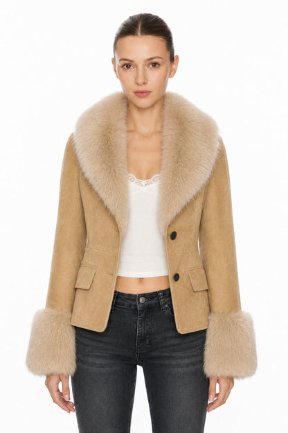 Sunzel Womens Faux Suede Jacket Faux Fur Collar Cuffs Short Coat, Button Front Warm Dressy Winter Outerwear with Flap Pockets