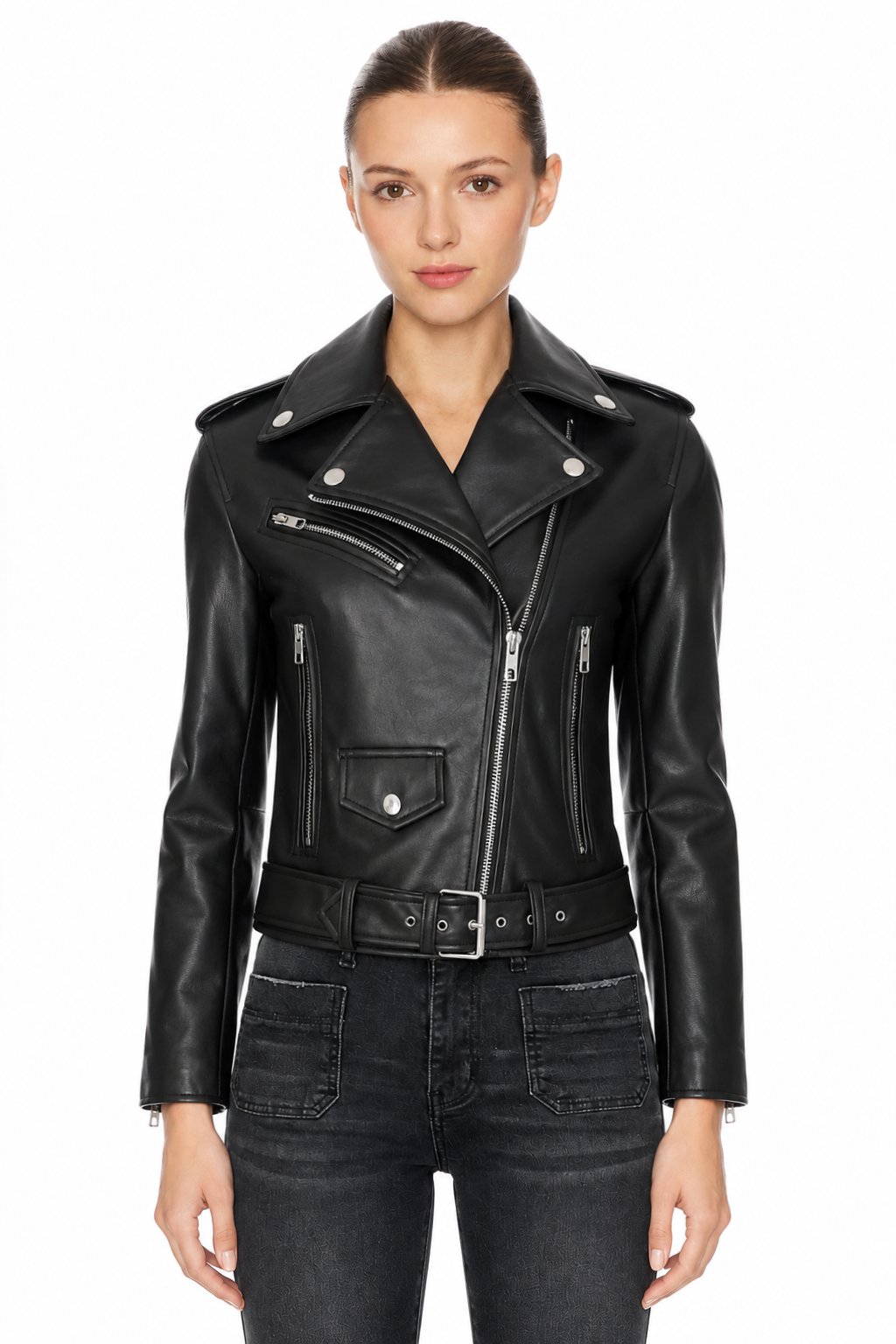 Sunzel Womens Faux Leather Moto Jacket Cropped Asymmetric Zip Biker Coat, Black Belted Biker Jacket with Silver Hardware Pockets