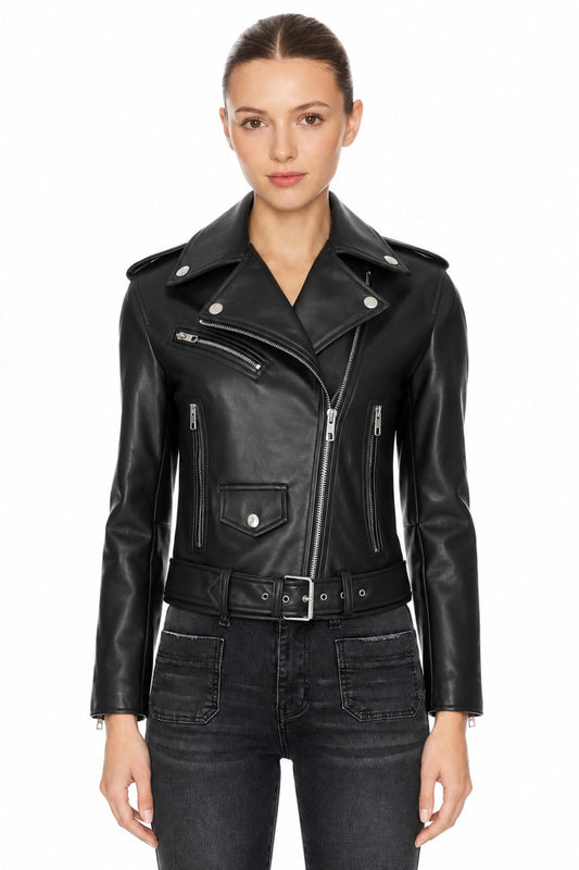 Sunzel Womens Faux Leather Moto Jacket Cropped Asymmetric Zip Biker Coat, Black Belted Biker Jacket with Silver Hardware Pockets