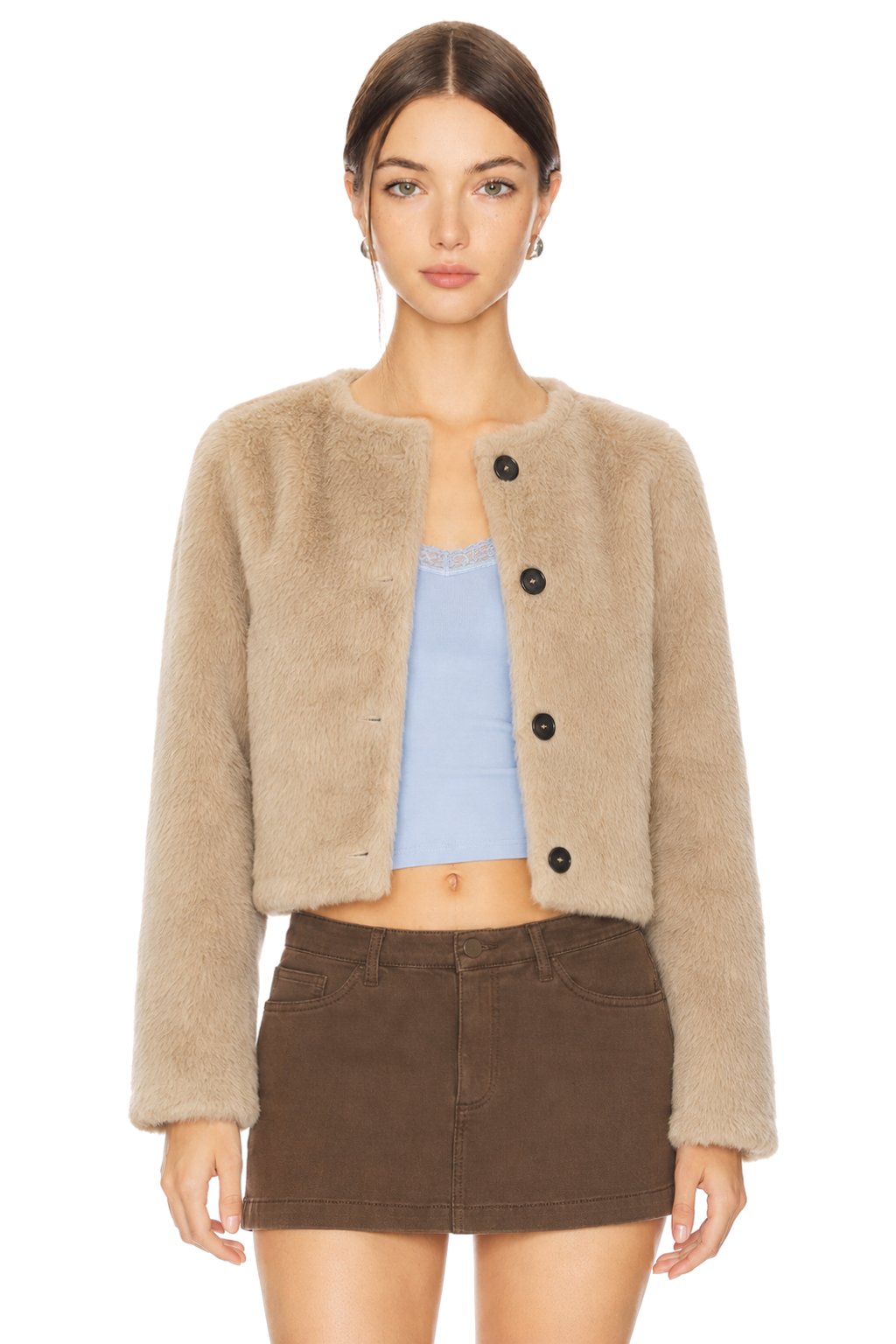 Sunzel Womens Cropped Faux Fur Jacket Button Down Fuzzy Coat Long Sleeve Crew Neck Plush Short Outerwear for Fall Winter Dressy Casual Outfits