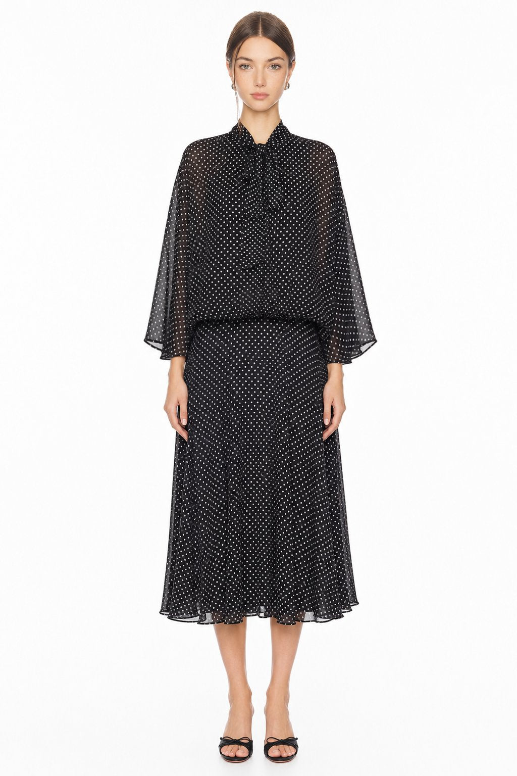 Sunzel Womens Polka Dot Midi Dress Bow Tie Neck Sheer Batwing Sleeve Flowy Spring Summer Dress