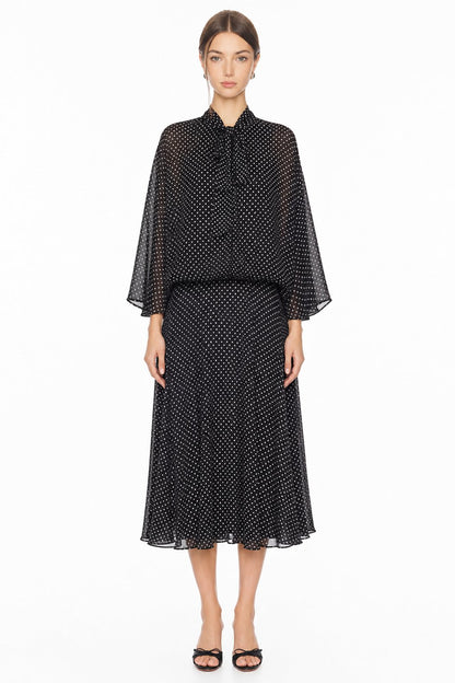 Sunzel Womens Polka Dot Midi Dress Bow Tie Neck Sheer Batwing Sleeve Flowy Spring Summer Dress