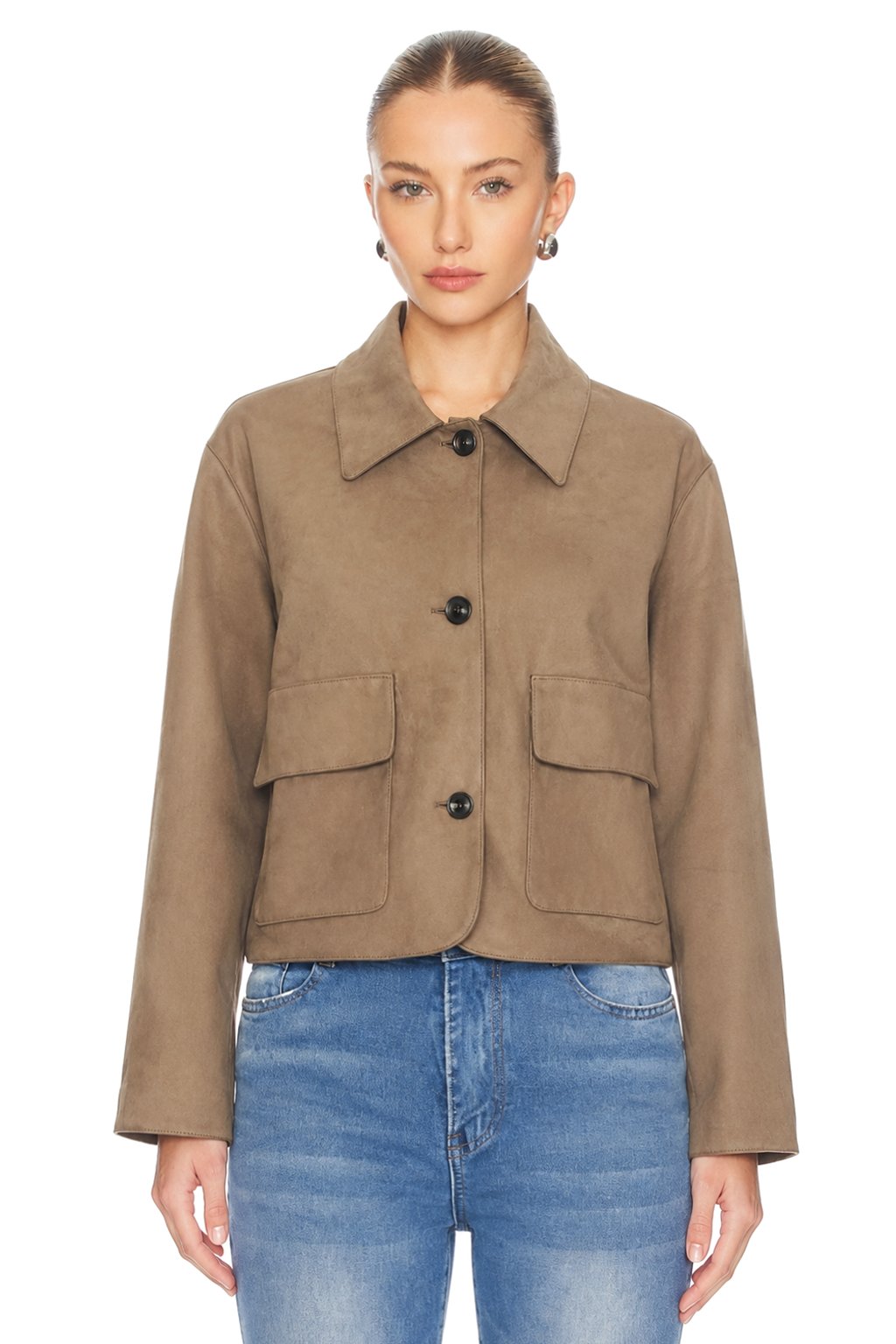 Sunzel Womens Faux Suede Jacket Cropped Button Front Flap Pockets, Spread Collar Short Fall Outerwear Dressy Casual Coat