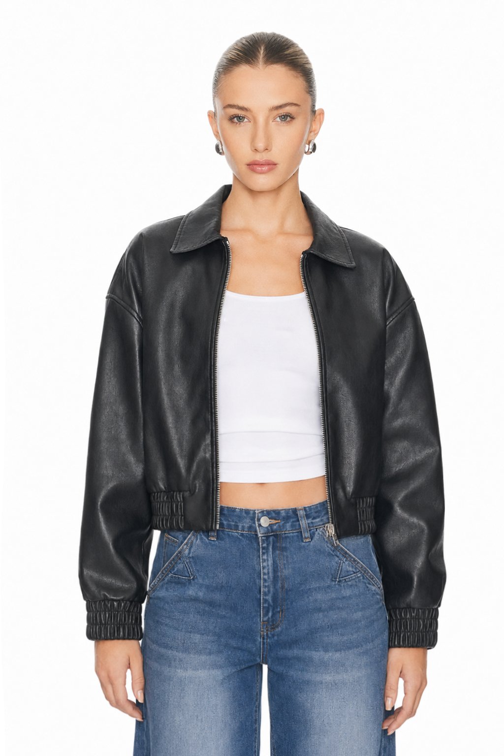 Women Faux Leather Jacket Cropped Bomber Jacket Oversized PU Leather Coat with Pockets, Black Zip Up Moto Jacket, Trendy Streetwear Fall Spring Outwear