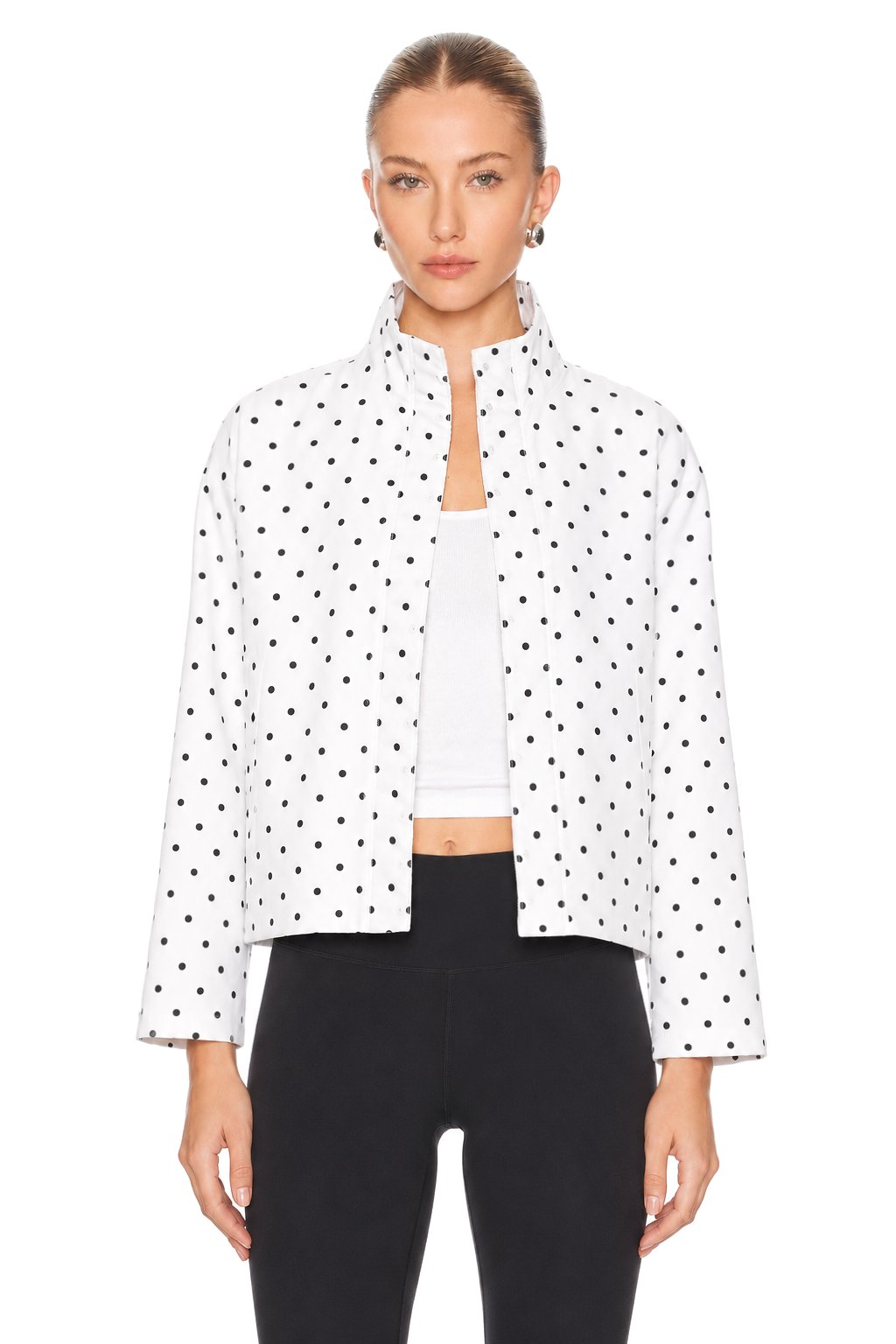 Sunzel Womens Polka Dot Jacket White Stand Collar Drawstring Hem, Lightweight Short Spring Fall Outerwear Long Sleeve Casual Coat