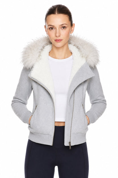 Sunzel Womens Zip Up Hoodie Jacket Faux Fur Hood Trim Cropped Coat, Sherpa Lined Warm Sweatshirt Jacket with Pockets, Fall Winter Casual Outerwear