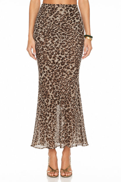 Sunzel Women's High Waisted Leopard Maxi Skirt Mermaid Bodycon Skirt, Sheer Hem Animal Print Long Skirt for Going Out Party