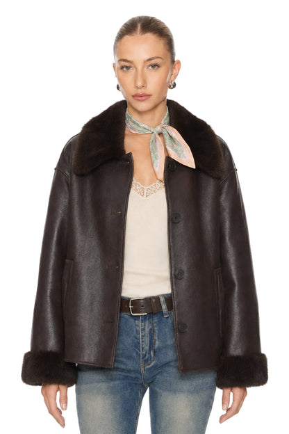 Sunzel Womens Faux Leather Jacket Faux Fur Collar Cuffs Dark Brown, Button Front Oversized Short Winter Coat with Pockets